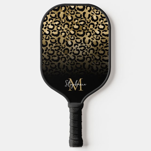 Girly Black Gold Leopard Ombre Monogram Pickleball Schläger (Vorderseite)