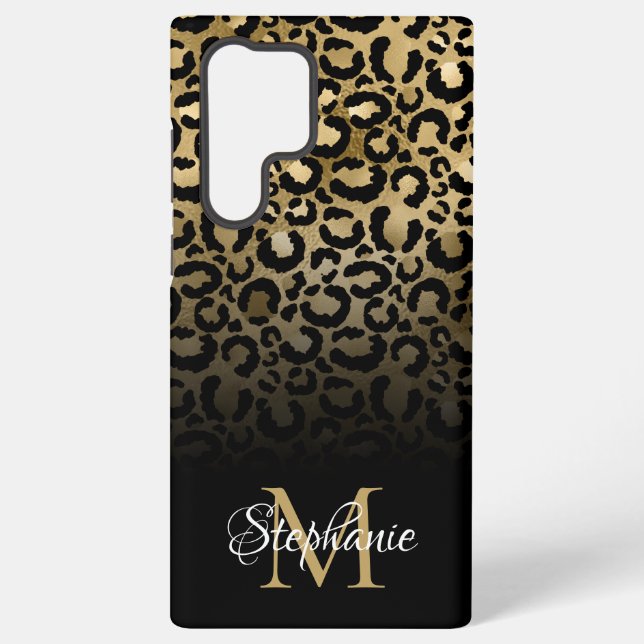 Girly Black Gold Leopard Ombre Monogram Samsung Galaxy Hülle (Rückseite)