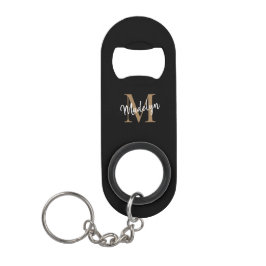 Girly Black Gold Monogram Elegante Chic Script Nam Mini Flaschenöffner