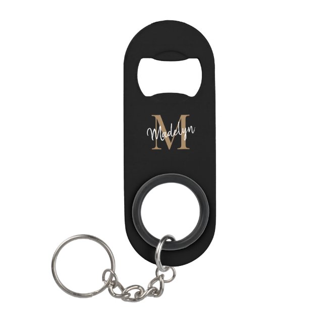 Girly Black Gold Monogram Elegante Chic Script Nam Mini Flaschenöffner (Vorderseite)