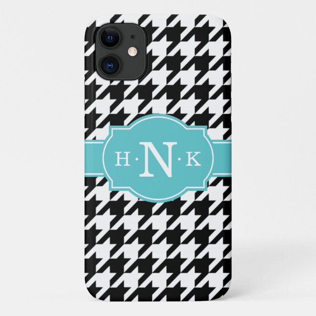Girly Black Hahnentrittmuster Blue Monogram Case-Mate iPhone Hülle (Rückseite)