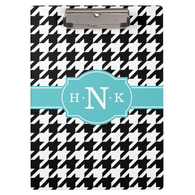 Girly Black Hahnentrittmuster Blue Monogram Klemmbrett (Vorderseite)