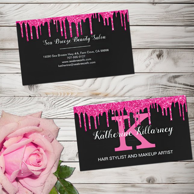 Girly Black Hot Pink Glitzer Tropfen Chic Monogram Visitenkarte (Von Creator hochgeladen)