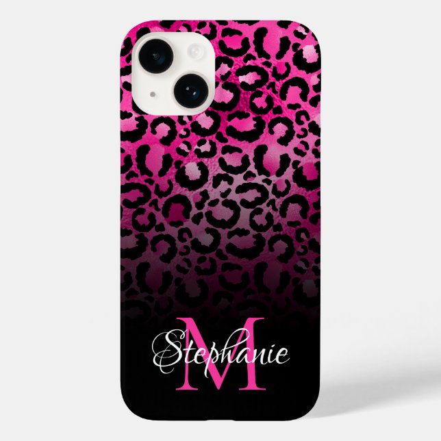 Girly Black Hot Pink Leopard Ombre Monogram Case-Mate iPhone Hülle (Rückseite)