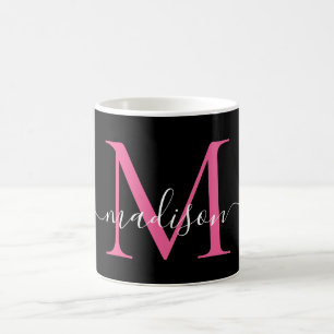 Girly Black Hot Pink Monogram Elegant Script Kaffeetasse