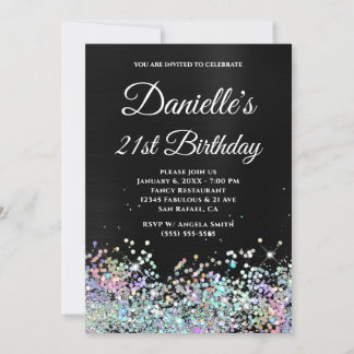 Girly Black Ombre Holo Glitzer 21. Geburtstag Einladung