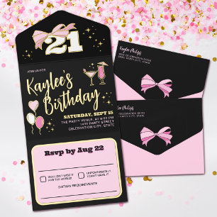Girly Black Pink Gold Bow 21 Geburtstagsparty All-in-One-Einladung