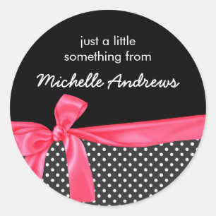 Girly Black Polka Dots & Neon Pink Bow Gift Label Runder Aufkleber