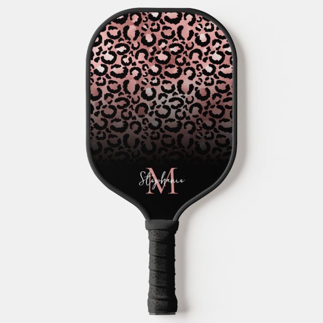 Girly Black Rose Gold Leopard Ombre Monogram Pickleball Schläger (Vorderseite)