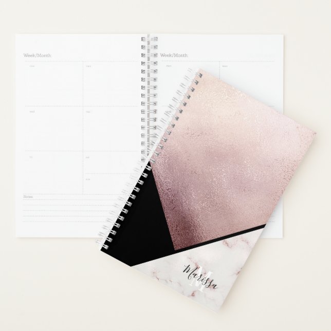 Girly Black & Rose Gold Marmor Abstrakt Monogram Planer (Anzeige)