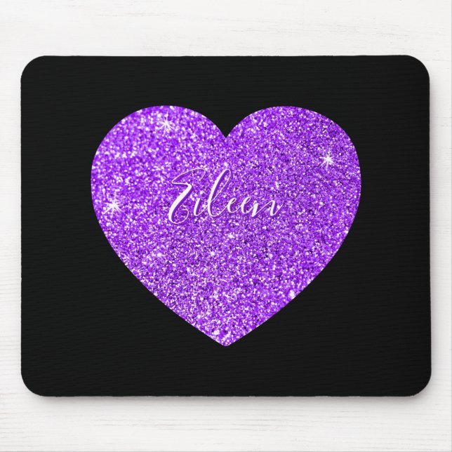 Girly Black und Lila Funkelnd Imitate Glitzer Herz Mousepad (Vorne)