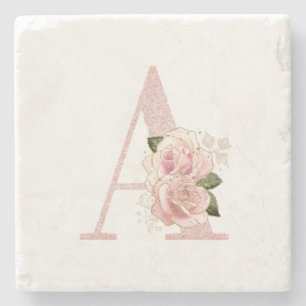 Girly Blassrosé-Gold Glitter Blumenmonogramm A Steinuntersetzer