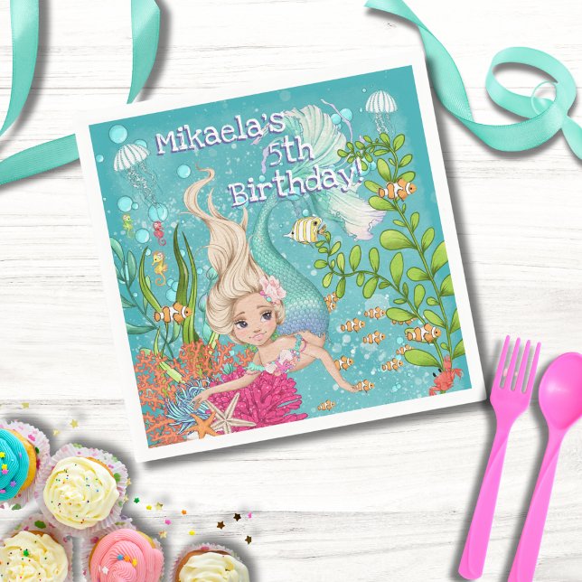 Girly Blonde Mermaid unter dem Meer Geburtstag Serviette (Von Creator hochgeladen)