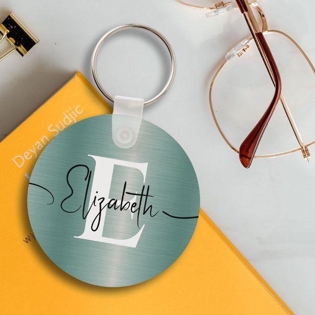 Girly Blue Brushed Metal Monogram und Script Name Schlüsselanhänger (Von Creator hochgeladen)
