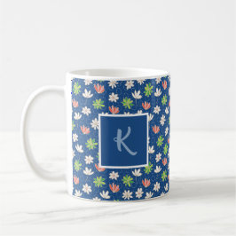 Girly Blue Ditsy Floral Monogram Coffee Tasse
