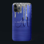 Girly Blue Dripping Glitzer Brush Metal Monogram Case-Mate iPhone Hülle<br><div class="desc">Fügen Sie Ihrem Handy eine Touch Glam mit diesem eleganten personalisierten Gehäuse hinzu. Dieses schicke Design-Template verfügt über ein modernes marineblau Skript Monogramm mit einem Namen in Grau auf einem Hintergrund von kobaltblauer brushed Metallic Textur mit einem oberen Rand von Imitaten silbertropfenden Glitzer. Ein einzigartiges Geschenk für Geburtstag, Urlaub und...</div>