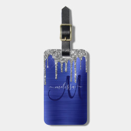 Girly Blue Dripping Glitzer Brush Metal Monogram Gepäckanhänger