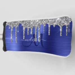 Girly Blue Dripping Glitzer Brush Metal Monogram Golf Headcover