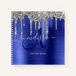 Girly Blue Dripping Glitzer Brush Metal Monogram Notizbuch
