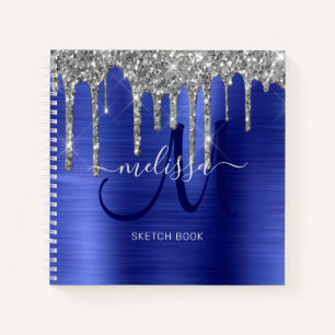 Girly Blue Dripping Glitzer Brush Metal Monogram Notizbuch