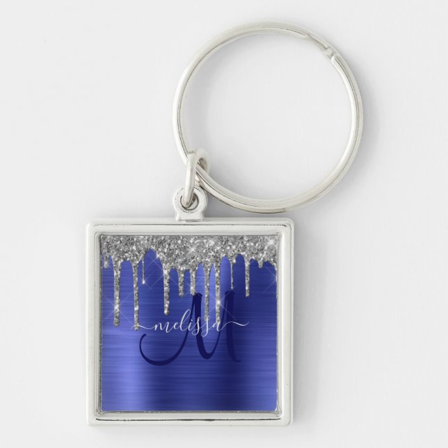Girly Blue Dripping Glitzer Brush Metal Monogram Schlüsselanhänger (Vorne)
