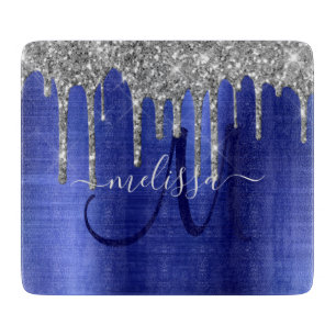 Girly Blue Dripping Glitzer Brush Metal Monogram Schneidebrett