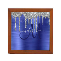 Girly Blue Dripping Glitzer Brush Metal Monogram