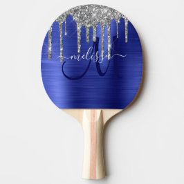 Girly Blue Dripping Glitzer Brush Metal Monogram Tischtennis Schläger