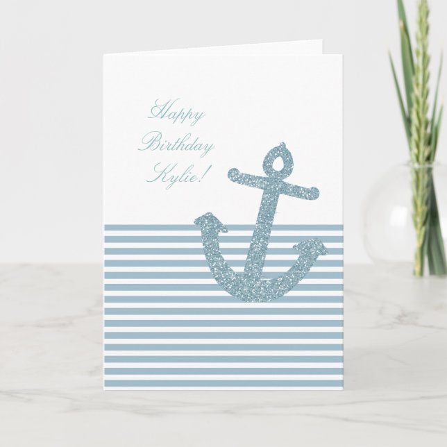 Girly Blue Glitzer Anchor Birthday Karte (Vorderseite)