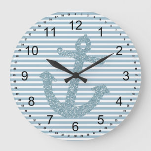Girly Blue Glitzer Anchor Große Wanduhr