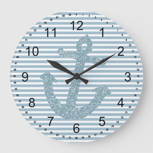 Girly Blue Glitzer Anchor Große Wanduhr (Vorderseite)