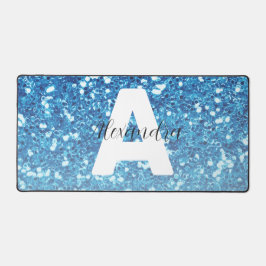 Girly Blue Glitzer Glitzern Monogram Script Name Schreibtischunterlage