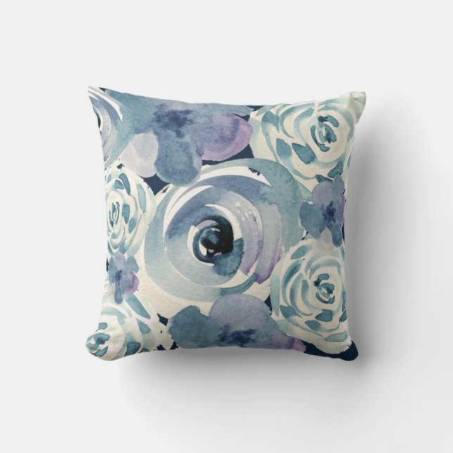 Girly Blue Lila Green Ivory Wasserfarbe Kissen (Vorderseite)