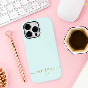 Girly Blue Monogram Modern Script Personalisiert C Case-Mate iPhone 14 Pro Max Hülle