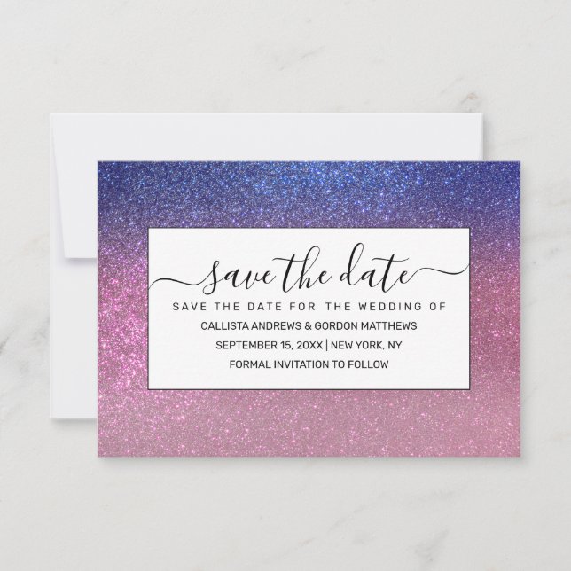 Girly Blue Pink Funkelnd Glitzer Ombre Gradient Save The Date (Vorderseite)