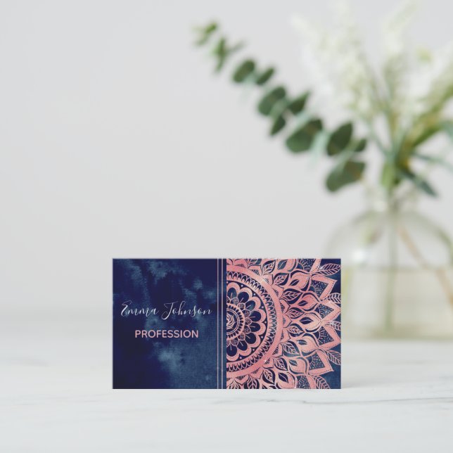 Girly Blue Pink Mandala Floral  Visitenkarte (Stehend Vorderseite)