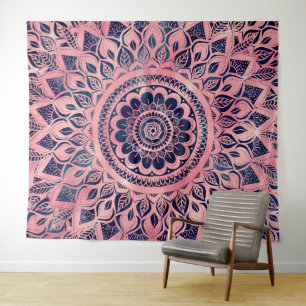 Girly Blue Pink Mandala Floral Wandteppich