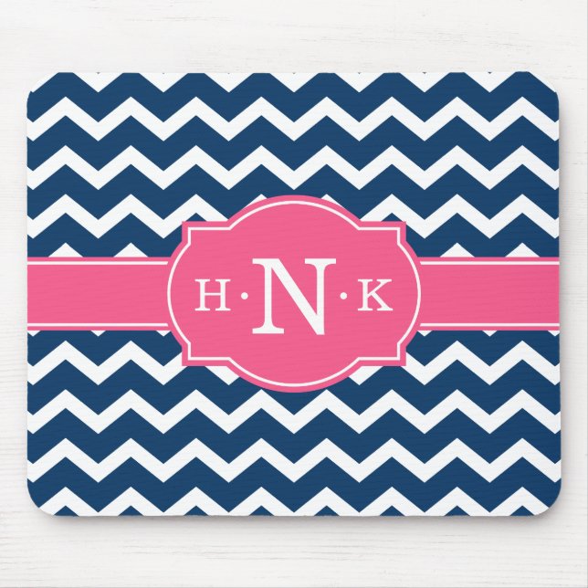 Girly Blue Zickzack Pink Monogram Mousepad (Vorne)