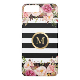 Girly Blumengoldmonogramm-Schwarz-weiße Streifen iPhone XR Hülle