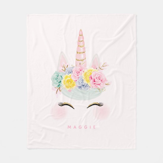 Girly Blumenunicorn-Rosa-Gold personalisiert Fleecedecke (Vorderseite)