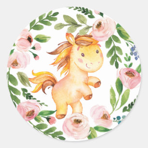 Girly Blush Bloral Baby Horse Dusche 1. Geburtstag Runder Aufkleber