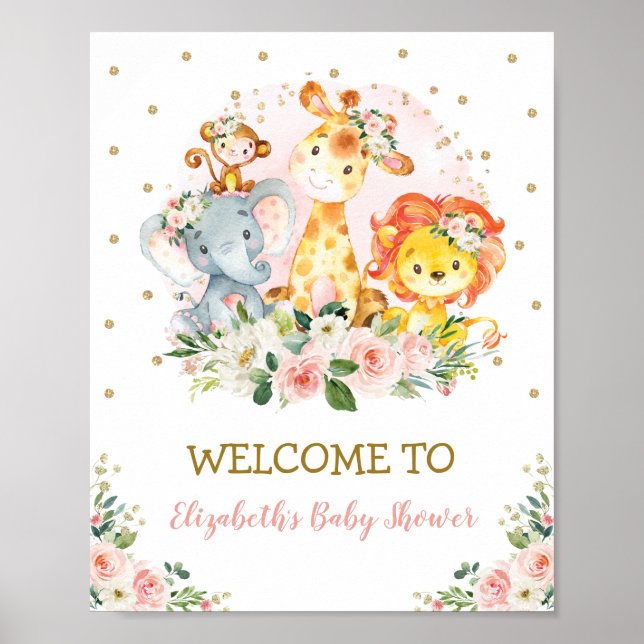 Girly Blush Floral Jungle Animals Safari Wild One Poster (Vorne)