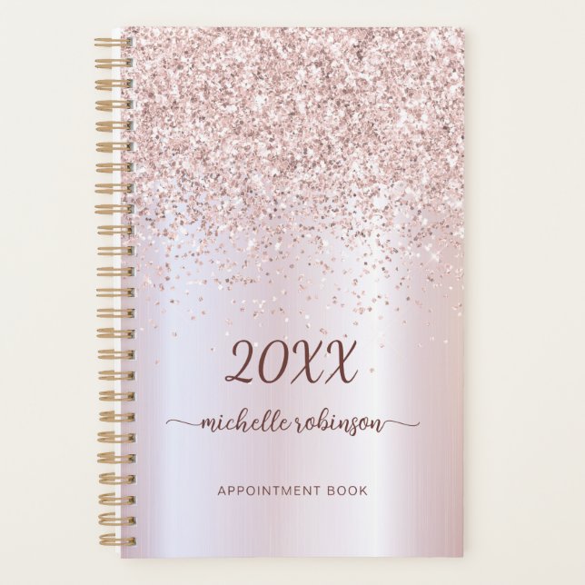 Girly Blush Metal Rose Gold Glitzer Monogram 2023 Planer (Vorderseite)
