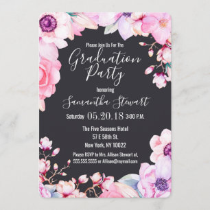 Girly Blush Pink Blume Black Graduation Party Einladung