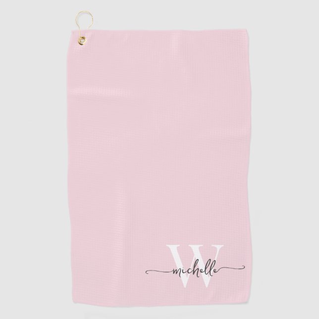 Girly Blush Pink Elegante Monogram Name Script Gol Golfhandtuch (Vorderseite)
