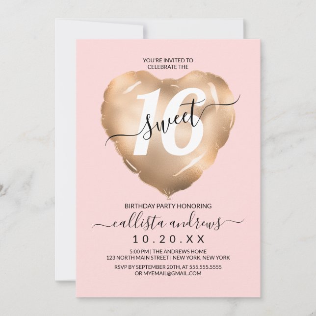 Girly Blush Pink Gold Foil Herzballon Sweet 16 Einladung (Vorderseite)