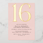 Girly Blush Pink & Gold | Glam Sweet 16th Birthday Folieneinladung<br><div class="desc">Modern 16th birthday invitations with a large heading "16" in real metallic foil on a pretty light pink background. (Background colors can be changed by using the design tool. You can also change the type of metallic foil.)</div>