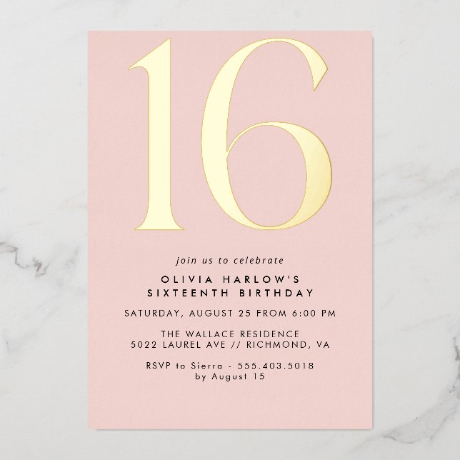 Girly Blush Pink & Gold | Glam Sweet 16th Birthday Folieneinladung (Vorderseite)