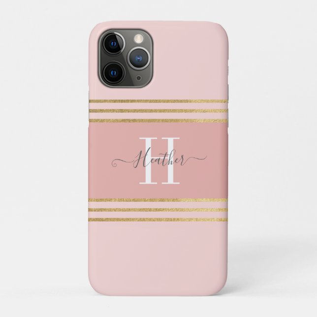 Girly Blush Pink Gold Monogram Strip Case-Mate iPhone Hülle (Rückseite)