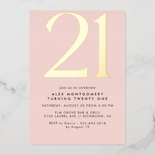 Girly Blush Pink & Gold | Women's 21st Birthday Folieneinladung (Vorderseite)